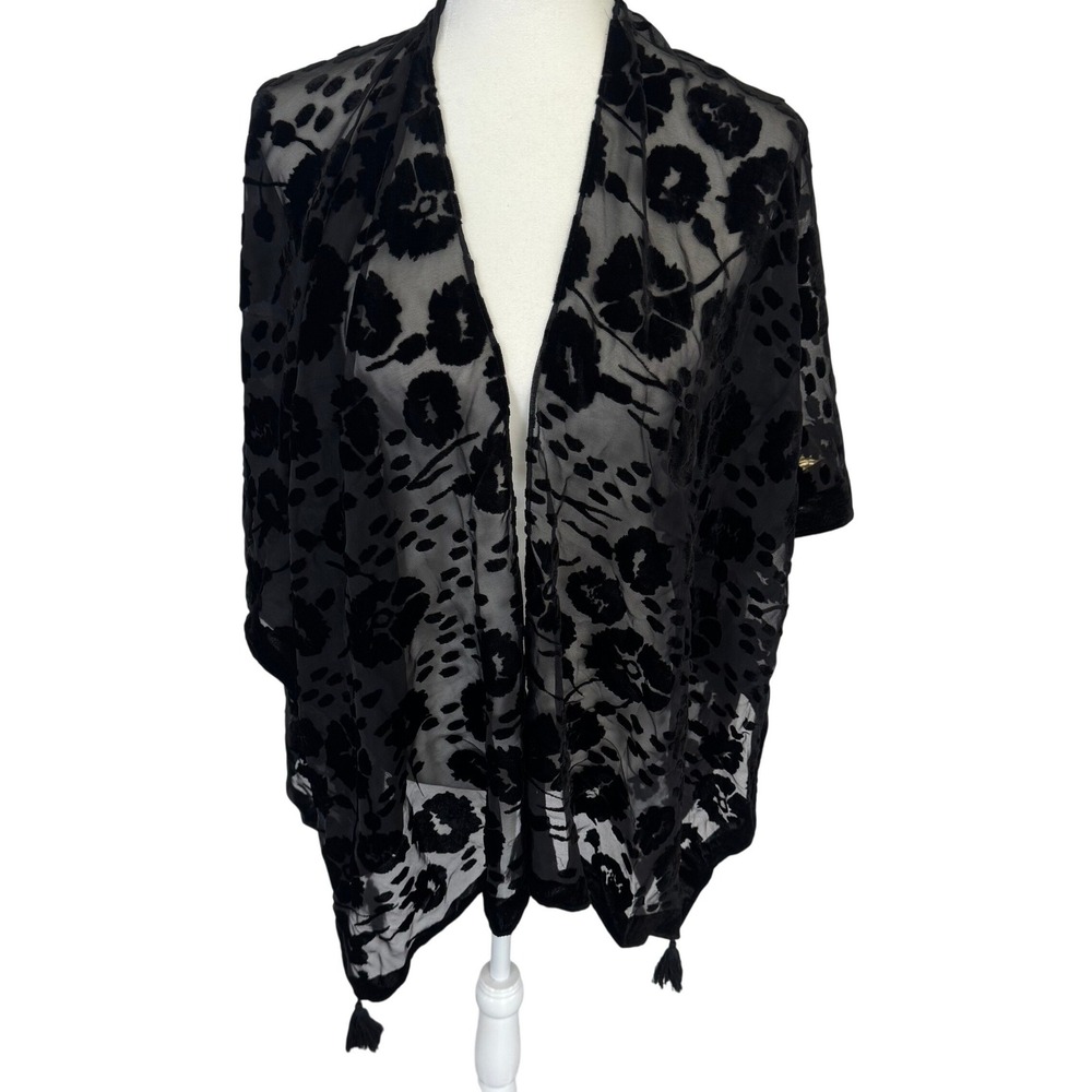 Rock Flower Paper Esme Black Velvet Burnout Floral Kimono Wrap Tassel‎ One Size